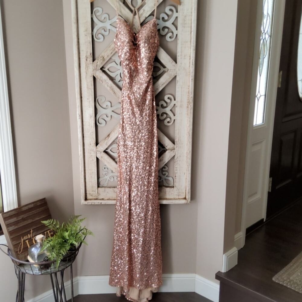 La Femme Rose Gold Sequin Drape Neck Strappy Back Gown Dress 2 NWT